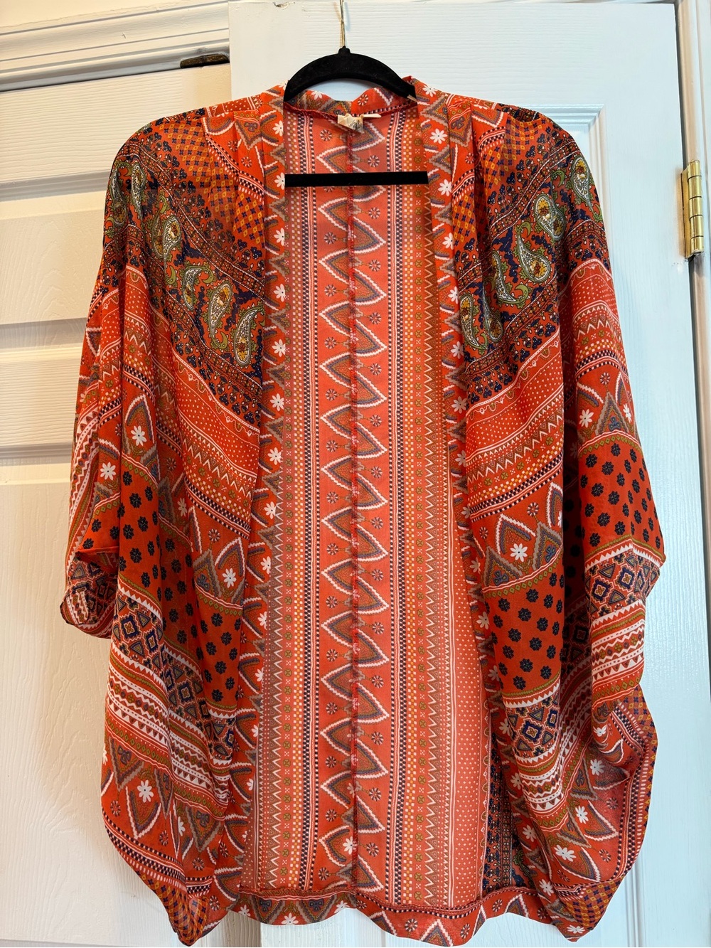 Boho Patchwork Open Front Kimono Cardigan Orange Paisley Geometric Swim Cover  L